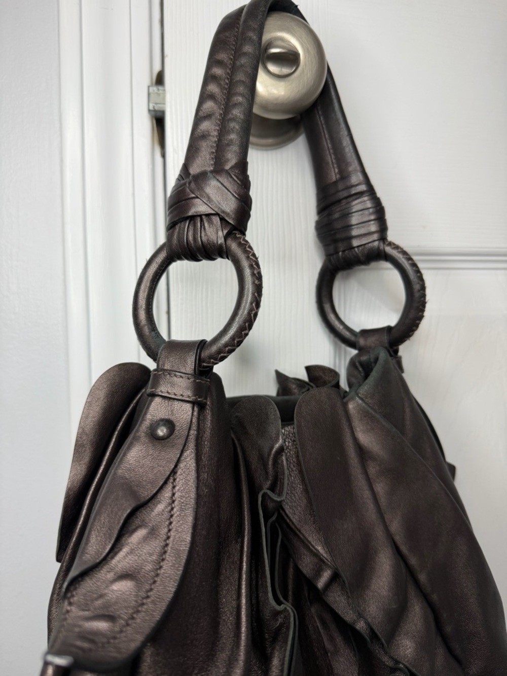 Prada Brown Nappa Mordore Ruffle Hobo Bag Purse. - Picture 6 of 9